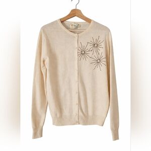 Vintage Pringle Scotland 100% Cashmere Beaded Cardigan Ivory Pearl Starburst